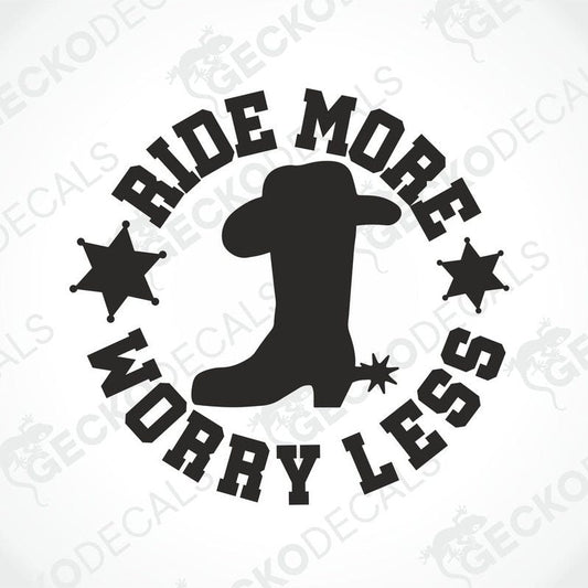 Black die-cut 'Ride More Worry Less' cowboy boot decal with stars for horse riding