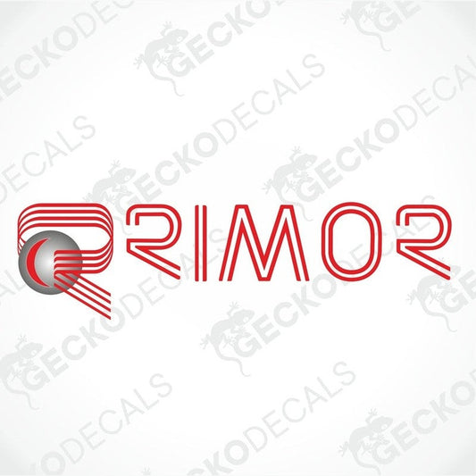 A red and white die cut decal with the brand name RIMOR.