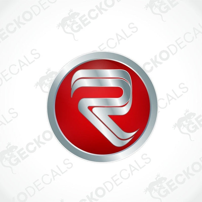 A round vehicle decal with a red background and a stylized silver letter R in the center. The brand name 'GECKODECALS' is visible at the top.