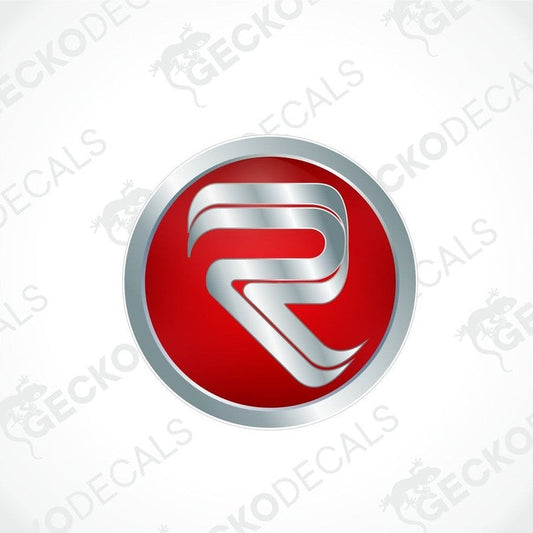 A round vehicle decal with a red background and a stylized silver letter R in the center. The brand name 'GECKODECALS' is visible at the top.