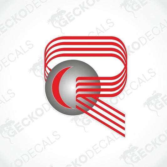 A die cut decal with a red, white, and black design, featuring a geometric pattern and the letter 'Q'.