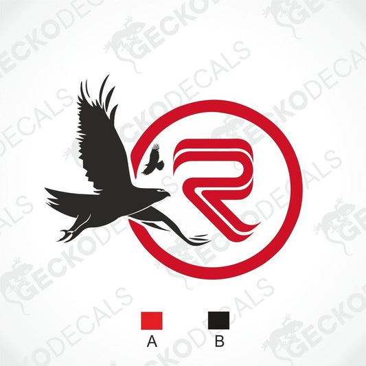 RIMOR die cut decal with black bird silhouette and red R emblem for caravan interior exterior