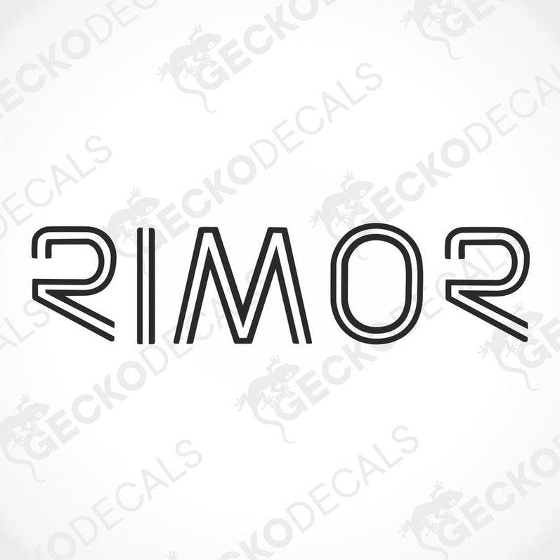 A white die cut decal with the word 'rimor' in bold black letters. The decal has a geometric design and is marked with the brand name 'GECKODECALS'.