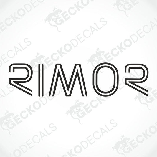 A white die cut decal with the word 'rimor' in bold black letters. The decal has a geometric design and is marked with the brand name 'GECKODECALS'.
