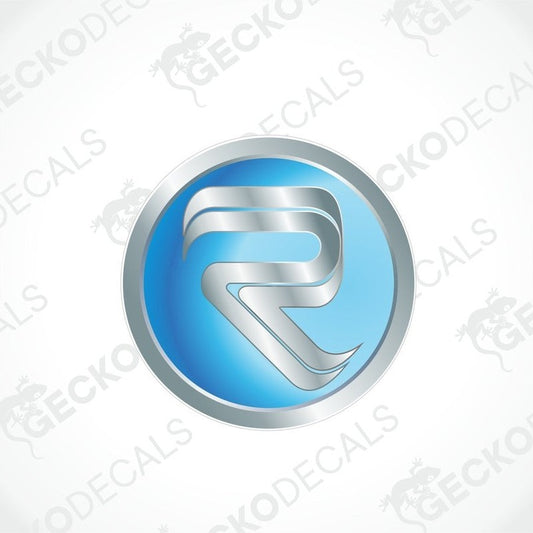 RIMOR circular decal with silver metallic border and blue gradient background