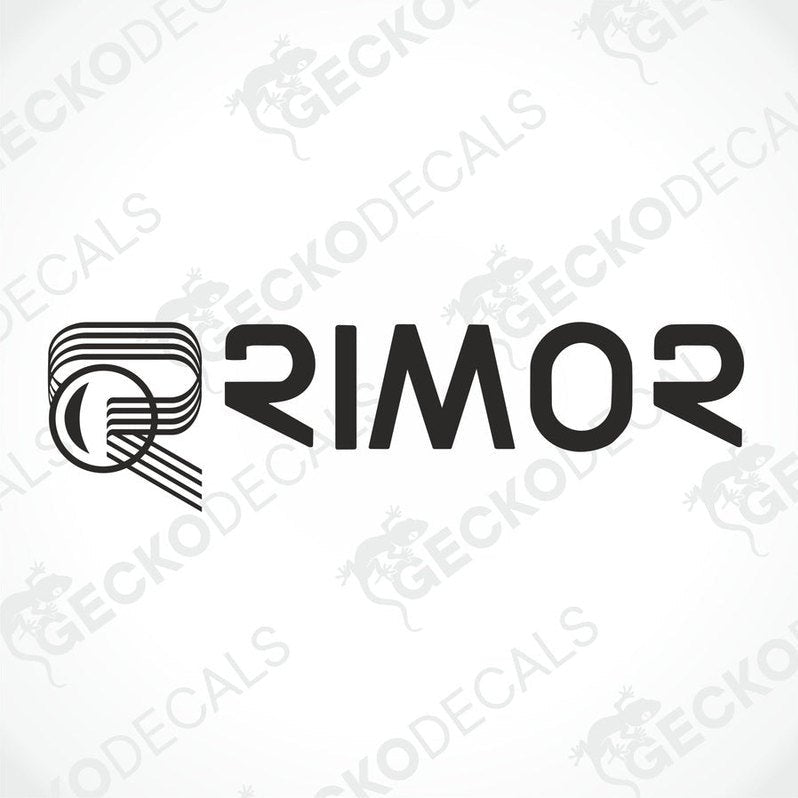 A white die cut decal with the brand name RIMOR printed in a stylized font.