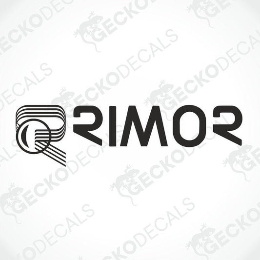 A white die cut decal with the brand name RIMOR printed in a stylized font.