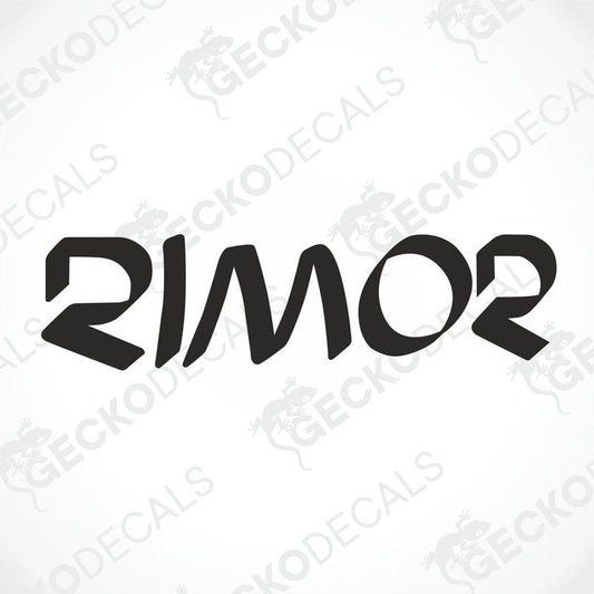 A black die cut decal with the brand name 'rimor' displayed on a white background. The decal has a geometric design on the letter 'o'.