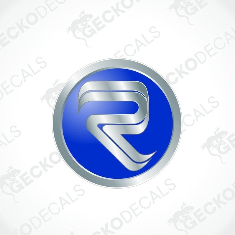 A blue, silver, and white geometric shaped decal with the brand name RIMOR.