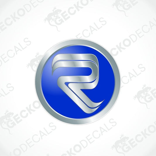 A blue, silver, and white geometric shaped decal with the brand name RIMOR.