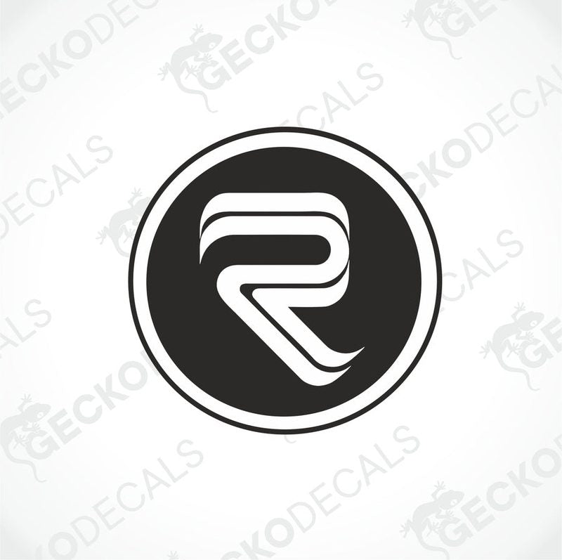 A black and white die cut decal with a geometric pattern, featuring the letter 'R'.