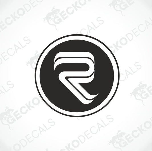 A black and white die cut decal with a geometric pattern, featuring the letter 'R'.