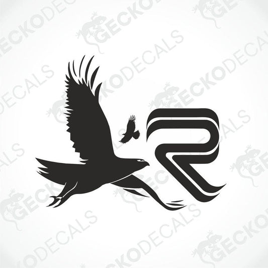 A black die cut decal of a stylized bird with the letter R next to it, indicating a vehicle branding or decoration.