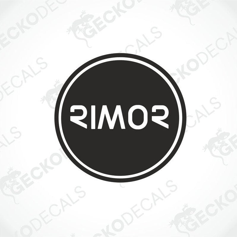 RIMOR black circular die cut decal with white text on transfer paper