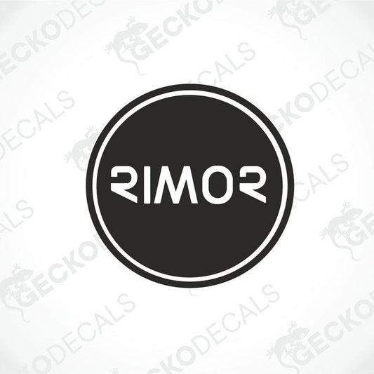 RIMOR black circular die cut decal with white text on transfer paper