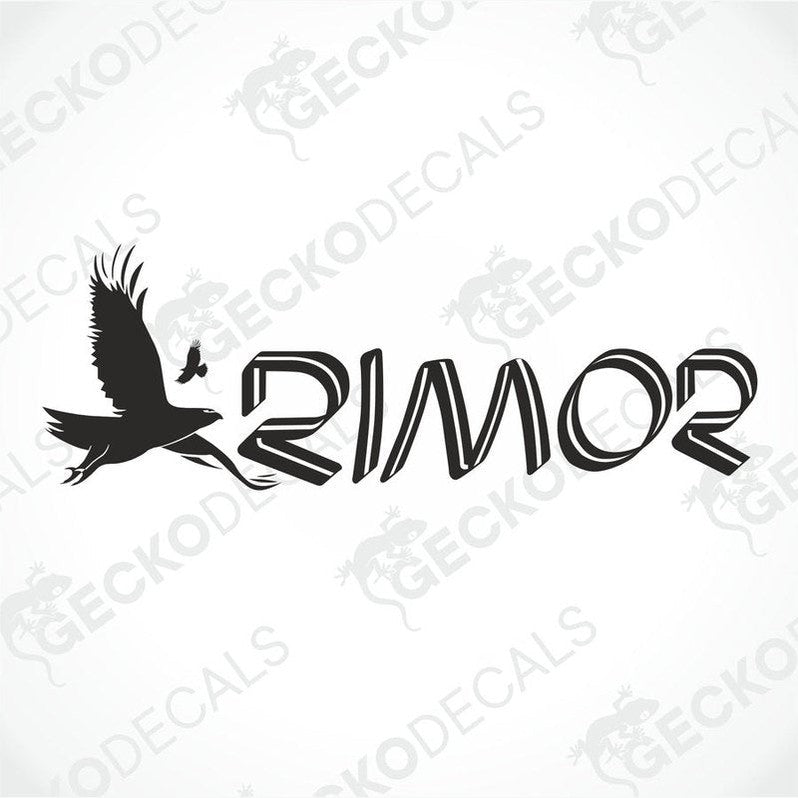 A black and white die cut decal with the word 'rimor' designed in a stylized font, accompanied by an image of a bird.