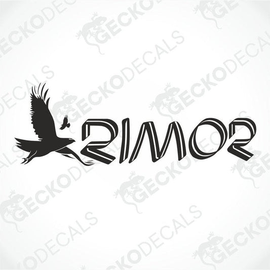 A black and white die cut decal with the word 'rimor' designed in a stylized font, accompanied by an image of a bird.
