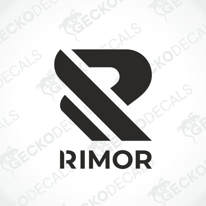 A black and white die cut decal with the brand name RIMOR.