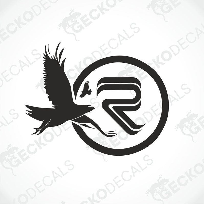 A black and white die cut decal of a bird with a stylized letter R on its chest.
