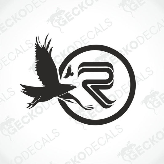 A black and white die cut decal of a bird with a stylized letter R on its chest.