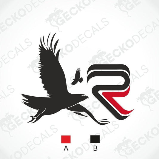 RIMOR die cut decal with black bird silhouette and red R logo for caravan interior or exterior