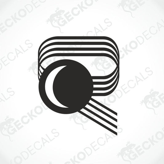 Black RIMOR die cut decal with stylized R and moon design for caravan interior or exterior