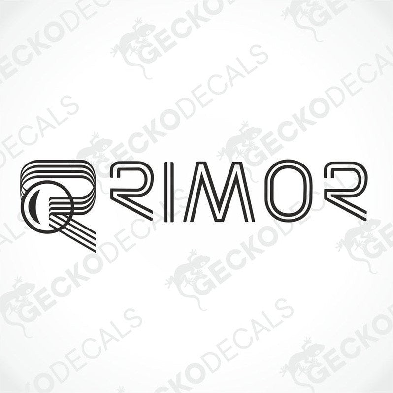 A white die cut decal with the brand name RIMOR printed in a stylized font.