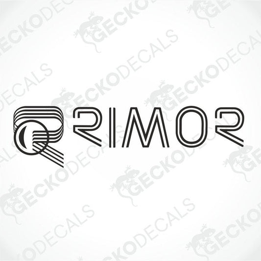 A white die cut decal with the brand name RIMOR printed in a stylized font.