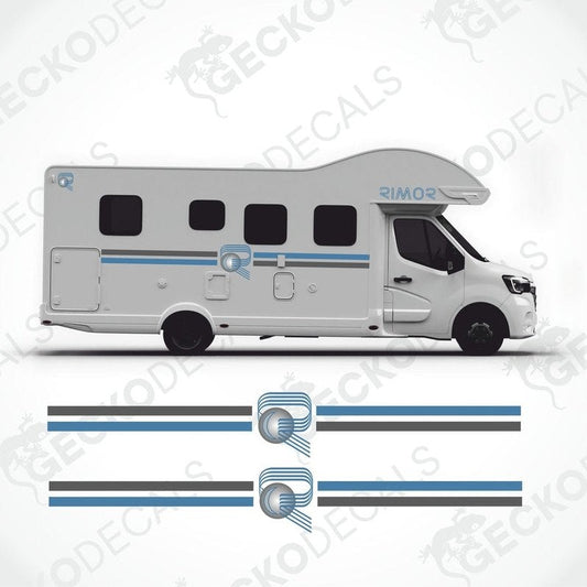 A set of vehicle decals including two side decals and four text decals with the RIMOR brand logo.