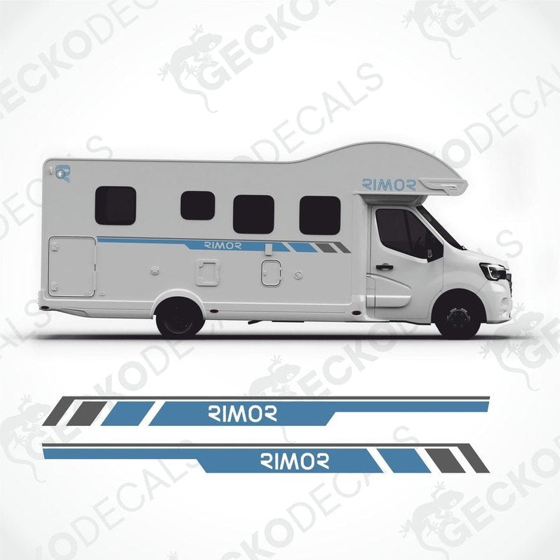 A white RIMOR brand caravan with die cut decals, including side and logo/text decals, displayed on a white background.