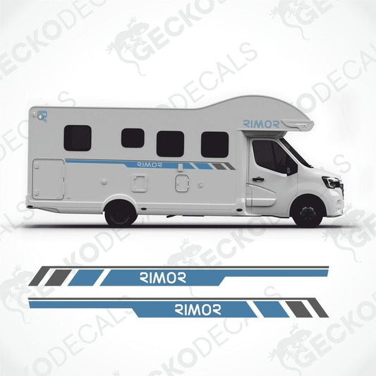 A white RIMOR brand caravan with die cut decals, including side and logo/text decals, displayed on a white background.