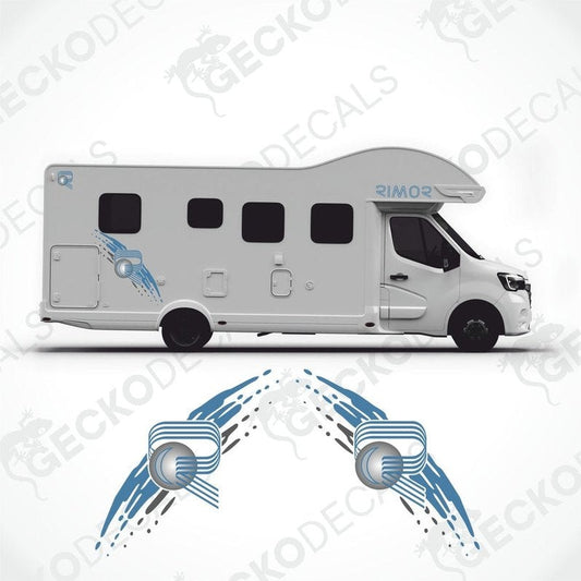 Die cut decal set for caravan, including two side decals, two logo decals, and two text decals, with dimensions provided in cm.