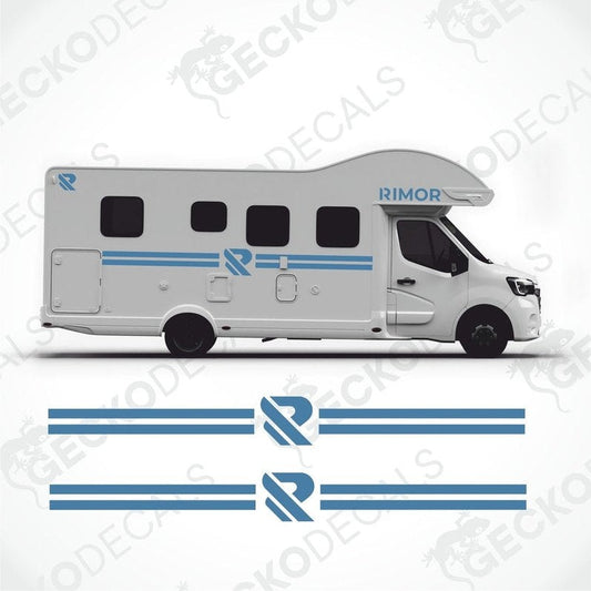A white RIMOR brand caravan with blue and black decals, including side and logo stickers, displayed on a white background.