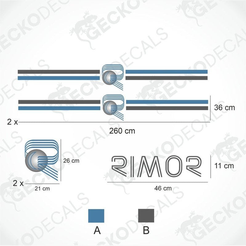 A set of vehicle decals including two side decals and four text decals with the RIMOR brand logo.