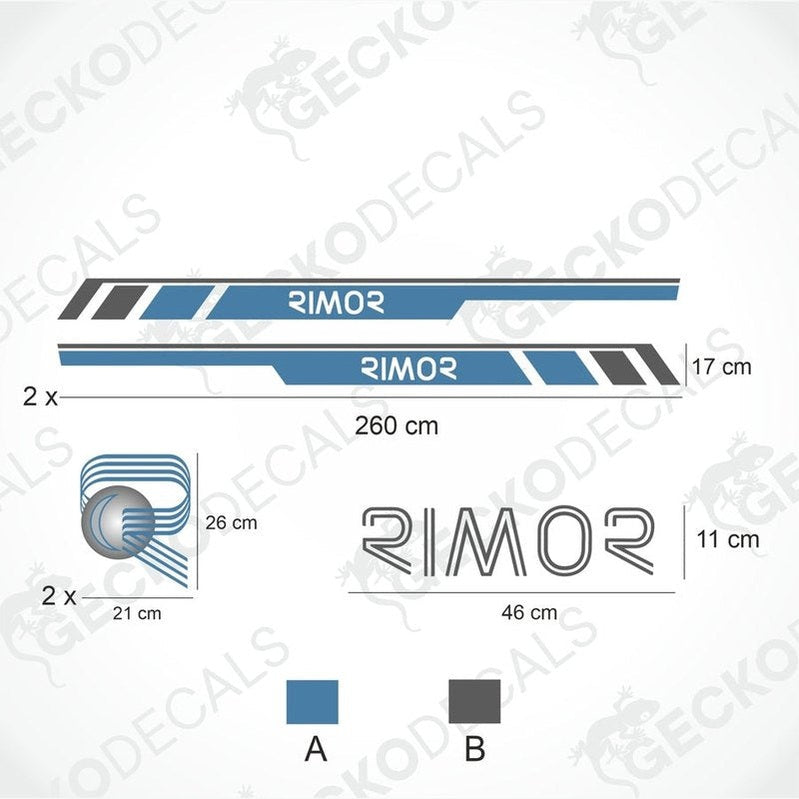 A white RIMOR brand caravan with die cut decals, including side and logo/text decals, displayed on a white background.