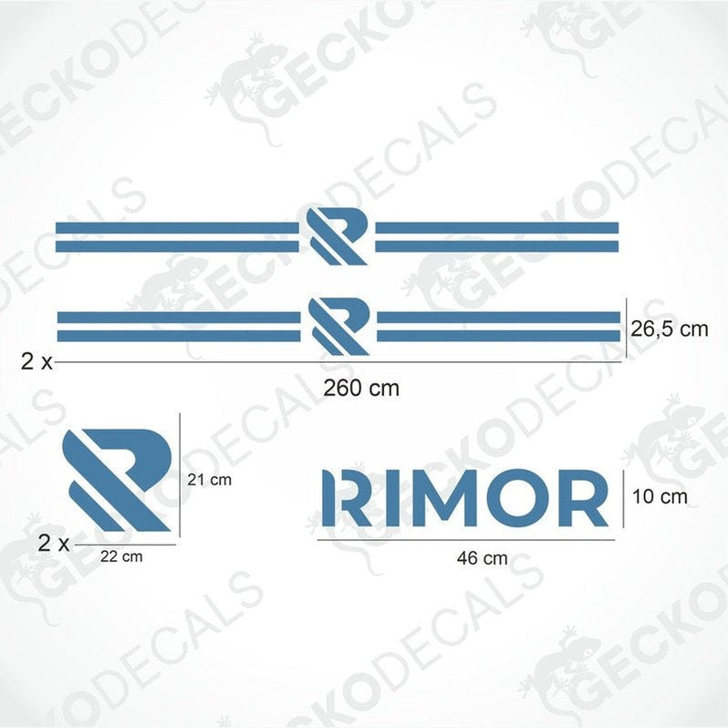 A white RIMOR brand caravan with blue and black decals, including side and logo stickers, displayed on a white background.