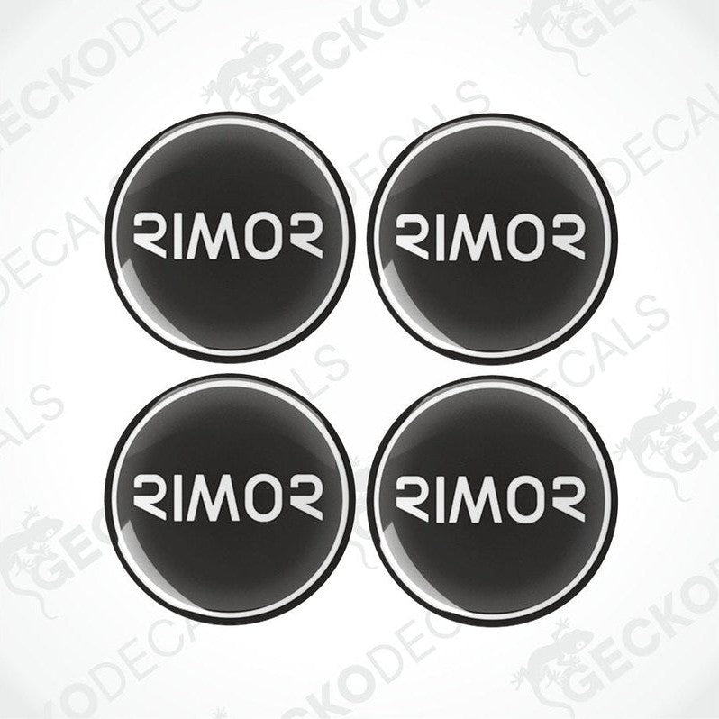 A set of four black vinyl stickers with the word 'rimor' written in white.