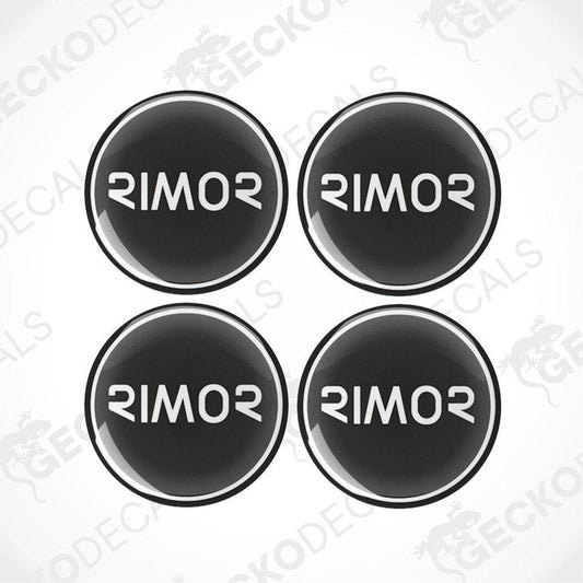 A set of four black vinyl stickers with the word 'rimor' written in white.