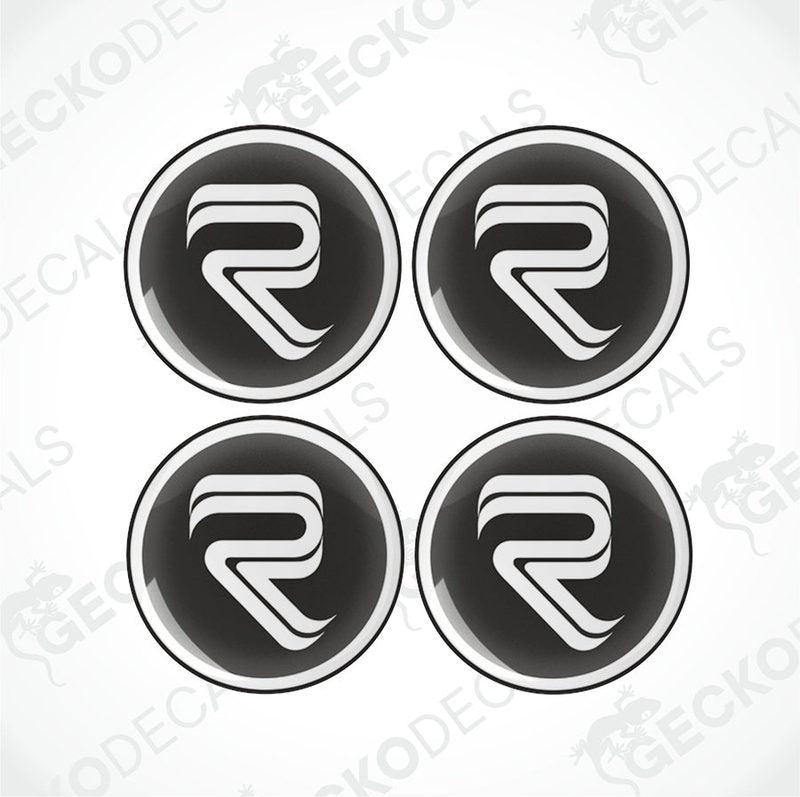 RIMOR epoxy resin decals set with domed glossy finish and stylized R logo