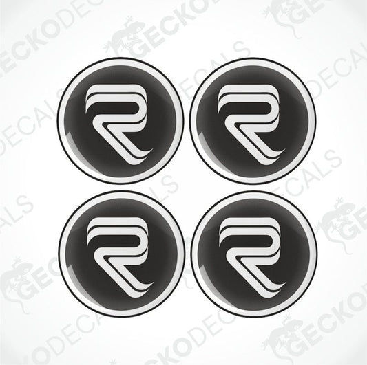 RIMOR epoxy resin decals set with domed glossy finish and stylized R logo