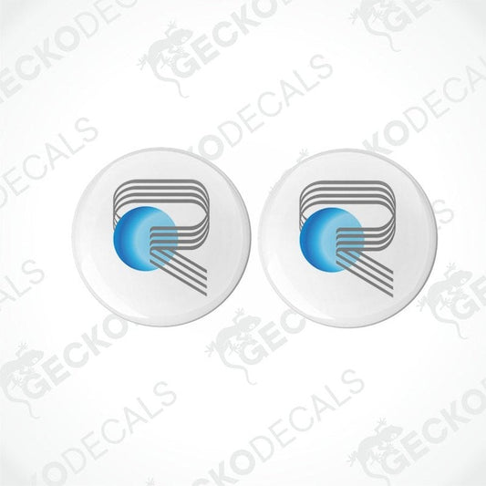 Two white vinyl stickers with a geometric pattern and the brand name 'Rimor' printed on them.