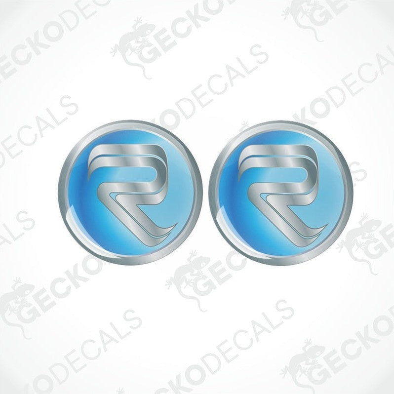 RIMOR epoxy resin domed sticker set with silver R logo on blue gradient