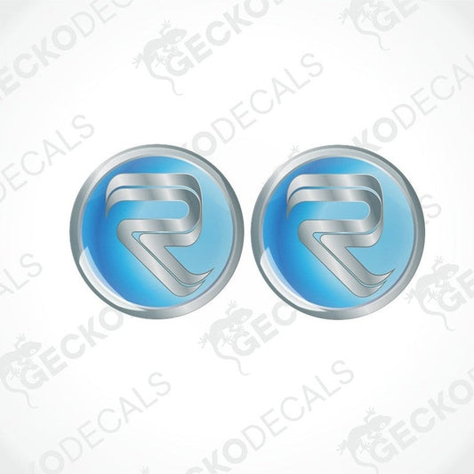 RIMOR epoxy resin domed sticker set with silver R logo on blue gradient
