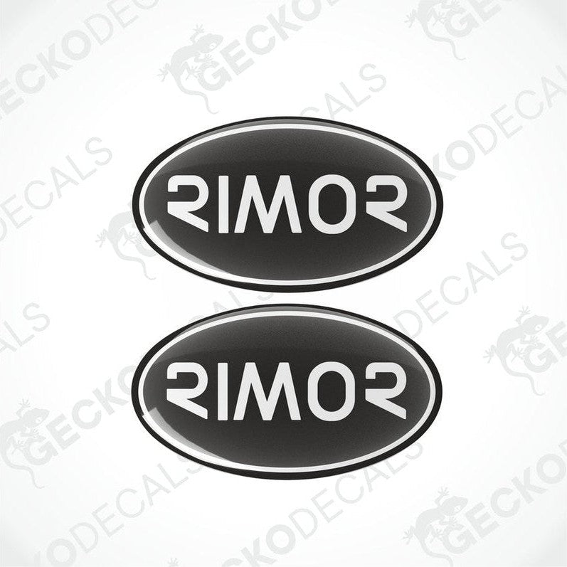 Two black vinyl stickers with the word 'Rimor' written in white.