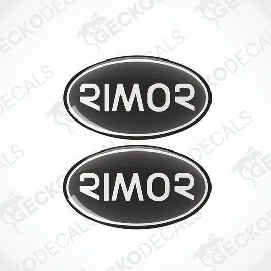 Two black vinyl stickers with the word 'Rimor' written in white.