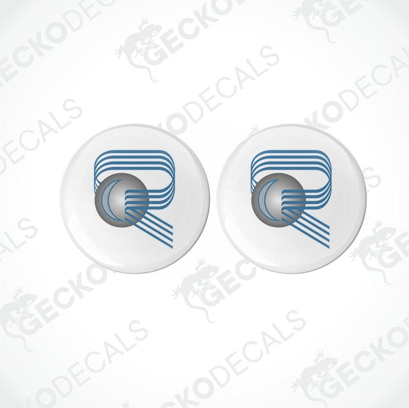 Two white vinyl stickers with a blue and black design, displayed on a white background with the text 'GECKODECALS' and 'www.geckodecals.