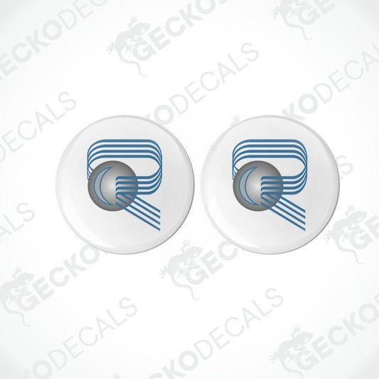 Two white vinyl stickers with a blue and black design, displayed on a white background with the text 'GECKODECALS' and 'www.geckodecals.