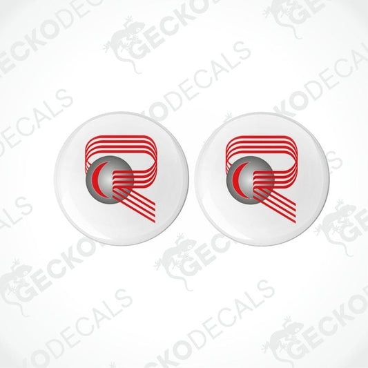 Two white vinyl stickers with a red and black design, including the word 'Rimor' in the center, placed on a white background with the Gecko Decals logo.
