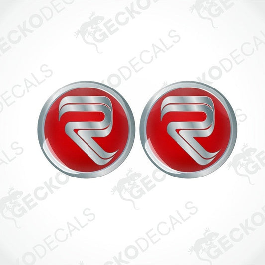 Two red, white, and silver vinyl stickers with a geometric pattern and the letter 'R' in the center, placed against a white background with the text 'geckodecals'.