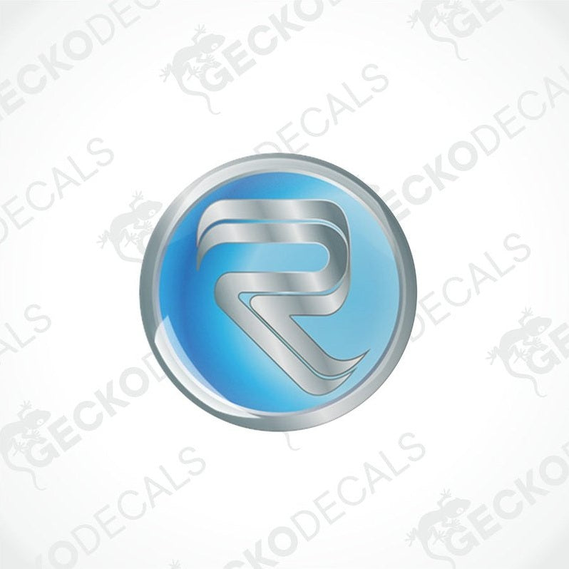 Close-up of single RIMOR domed vinyl decal featuring glossy silver R logo